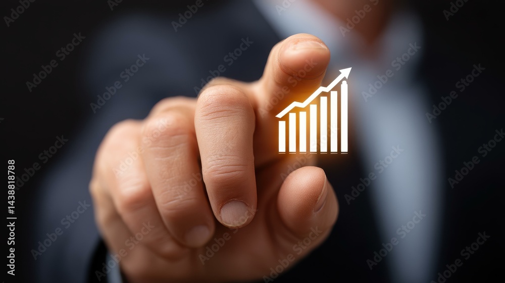 A businessman interacts with a virtual growth icon, analyzing financial data for longterm investments.