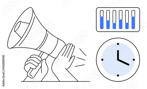 Hands holding megaphone for messaging, bar chart tracking progress, and clock symbolizing time. Ideal for marketing, analytics, productivity, teamwork, deadlines, promotion simple landing page