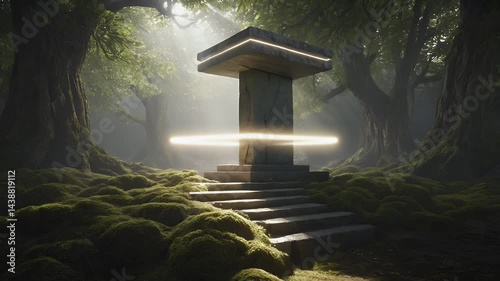 Stone Pillar in a Mossy Forest with Glowing Ring