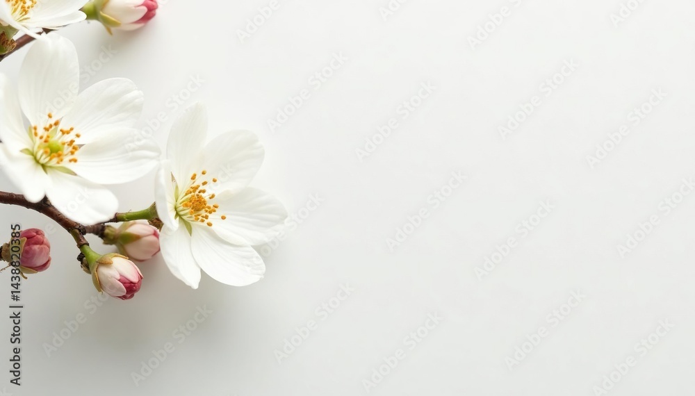 Fototapeta premium Delicate white blossoms against pure white backdrop, stock photo, close-up, floral