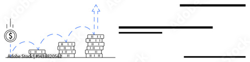Dollar coins bouncing and forming growing stacks with an upward arrow symbolizing financial growth and success. Ideal for investment, business progress, financial planning, economic development