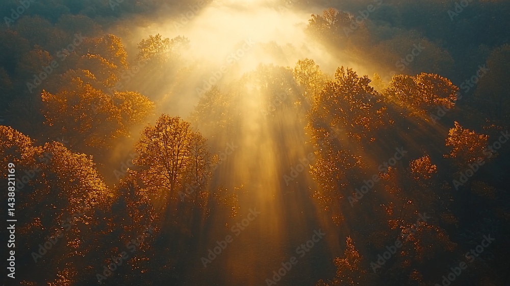 Fototapeta premium Sunbeams through autumn forest at dawn. Nature wallpaper