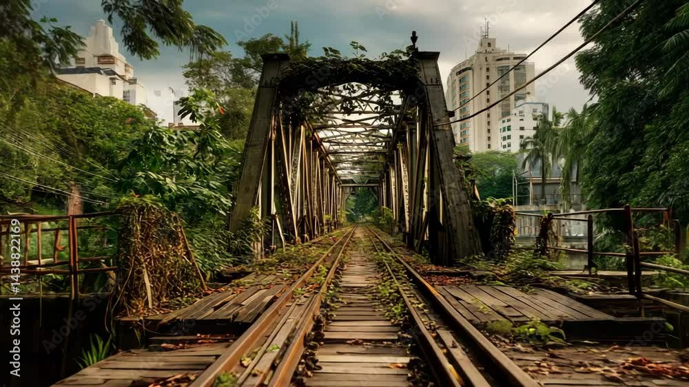 Train tracks surrounded by greenery on an abandoned bridge in a vibrant urban area during overcast weather