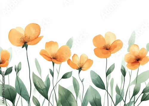 Wallpaper Mural Delicate orange flowers with soft green leaves, on a white background Torontodigital.ca