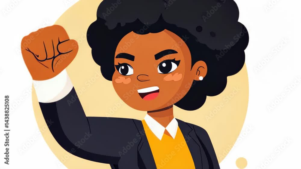 Bold Black woman cartoon championing gender equality. A vibrant, empowering illustration in modern flat style.