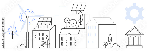 Urban buildings with solar panels, wind turbines, and greenery. Government, clean energy, technology, renewable resources. Ideal for sustainability, green cities innovation eco-friendliness urban