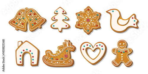 Christmas Gingerbread cookies for celebrating xmas. Winter homemade cakes in festive shapes isolated on white background. Cute childish cartoon vector illustration