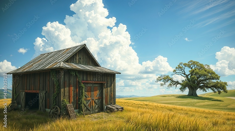 Obraz premium Old barn in golden field with large oak tree and fluffy clouds against blue sky
