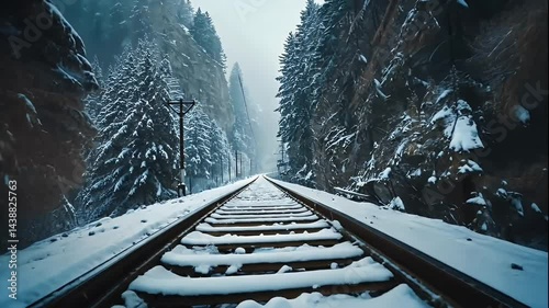 Snowy Train Tracks Through a Winter Mountain Forest