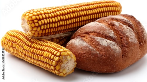 Closeup of golden corn cob and rustic bread loaf isolated on white background representing food agriculture crop farming harvest nutrition sustainable rural farming and traditional agricultural