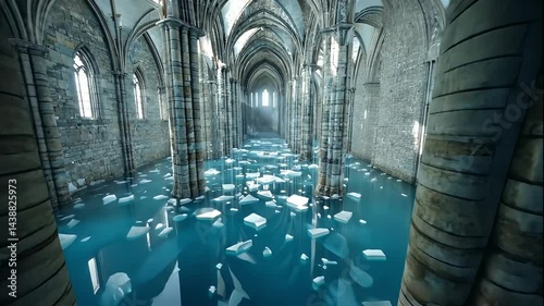 Flooded Gothic Church Interior with Ice