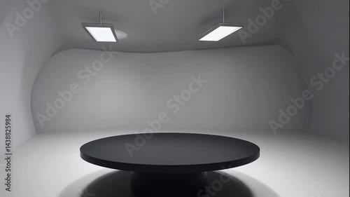 Black Round Table In A Minimalist White Room