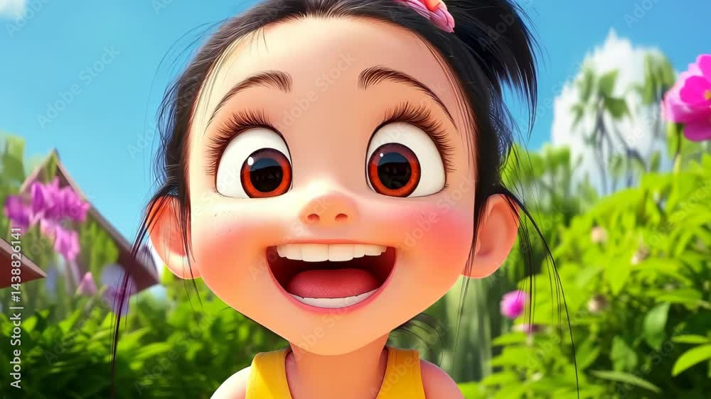 A joyful little girl bursts into laughter, her giggles filling the air with fun and delight in a vibrant scene.