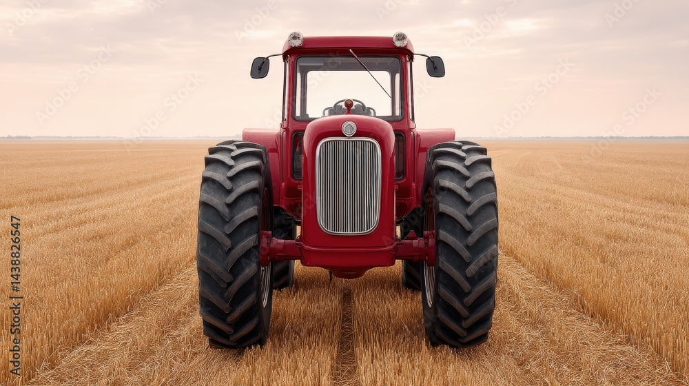 Fototapeta premium Red tractor driving through golden wheat field under clear sky symbolizing harvest season rural agriculture grain production and traditional farming techniques in countryside