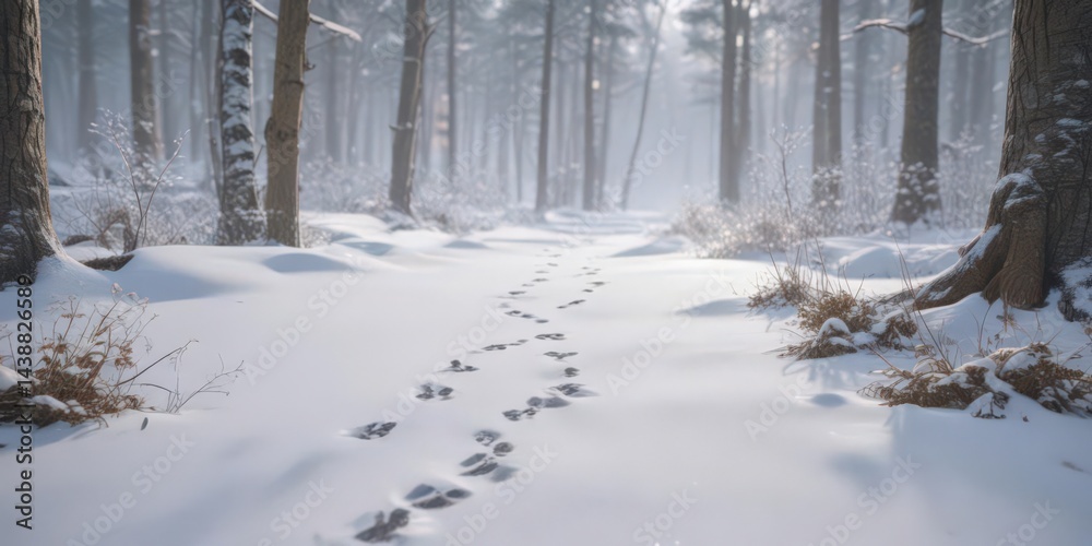 Obraz premium Crisp snow reveals delicate fox paw prints in a serene winter forest , scene, trail, canid