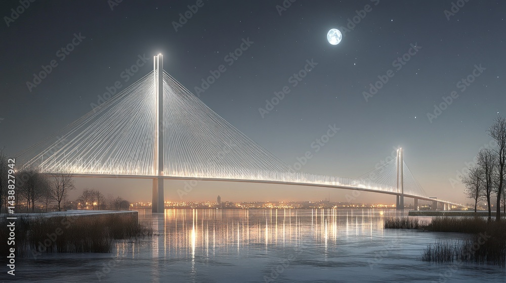 Obraz premium Illuminated cable bridge at night, river, winter