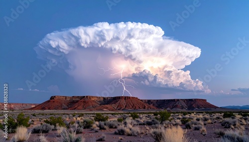 Massive thunderhead cloud formation over desert cliffs illuminated internally by lightning