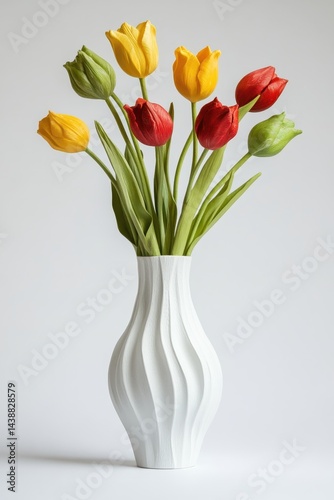 Wallpaper Mural A bouquet of tulips in a ribbed white vase.  Colorful tulips in a decorative vase. Vibrant spring flowers.  A simple and elegant arrangement Torontodigital.ca
