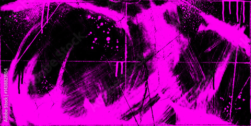 Punk urban background with halftone overlay texture, spray paint and drops. Pink and black colored grunge banner design. Urban street art graffiti punk background. Vintage or retro style texture.