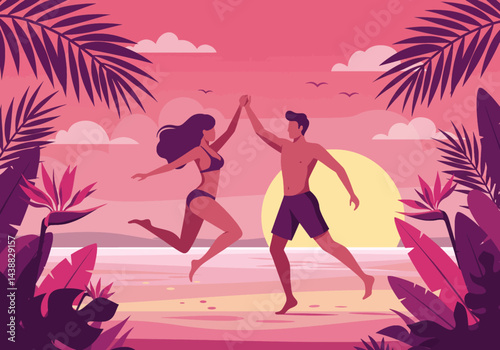Romantic couple holding hands on a tropical beach during their summer holiday vacation at sunset. Flat illustration style with warm, inviting colors