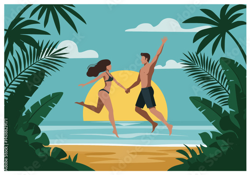 Romantic couple holding hands on a tropical beach during their summer holiday vacation at sunset. Flat illustration style with warm, inviting colors