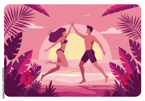 Romantic couple holding hands on a tropical beach during their summer holiday vacation at sunset. Flat illustration style with warm, inviting colors