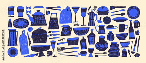 Abstract kitchen appliances and utensils drawn by blue crayon or pencil. Hand drawn vector cute childish illustrations.