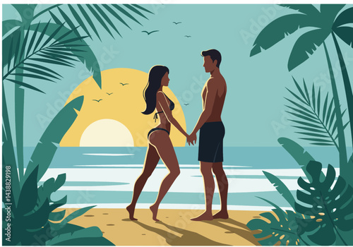 Romantic couple holding hands on a tropical beach during their summer holiday vacation at sunset. Flat illustration style with warm, inviting colors