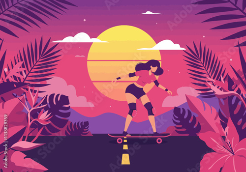 he summer vibes with this stylish flat illustration featuring a woman skateboarding at sunset. Ideal for projects needing a touch of holiday fun, tropical aesthetics, and cool design