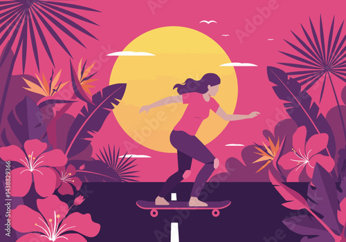 he summer vibes with this stylish flat illustration featuring a woman skateboarding at sunset. Ideal for projects needing a touch of holiday fun, tropical aesthetics, and cool design