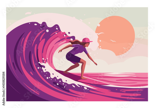 the summer vibes with this vibrant flat illustration of a woman surfing a wave. Perfect for projects needing a touch of vacation, adventure, and stylish design