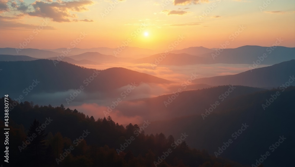 Fototapeta premium Sunrise over Misty Mountains: A Breathtaking Landscape