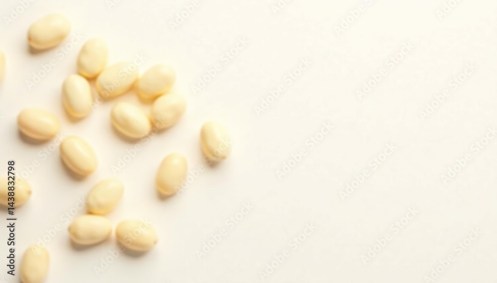 Scattered white beans on bright white background, simple, isolated, diet Scattered white beans on bright white background, simple, isolated, diet