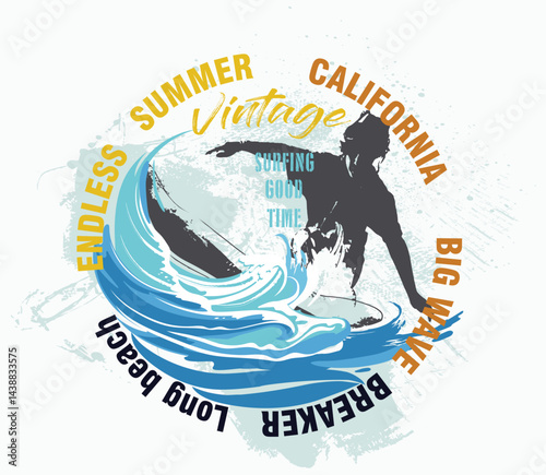 california beach, surf typography slogan print, Surf rider t-shirt graphic design. urban typography graffiti slogan print, beach t shirt artwork. Summer vibes typographic artwork. Surf slogan design. 