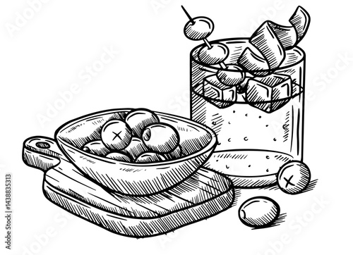 Hand draw vector illustration of Vermouth with olives, typical spanish tapas
