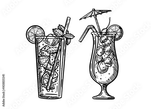 Hand draw vector illustration of Two cocktails drinks decorated glasses