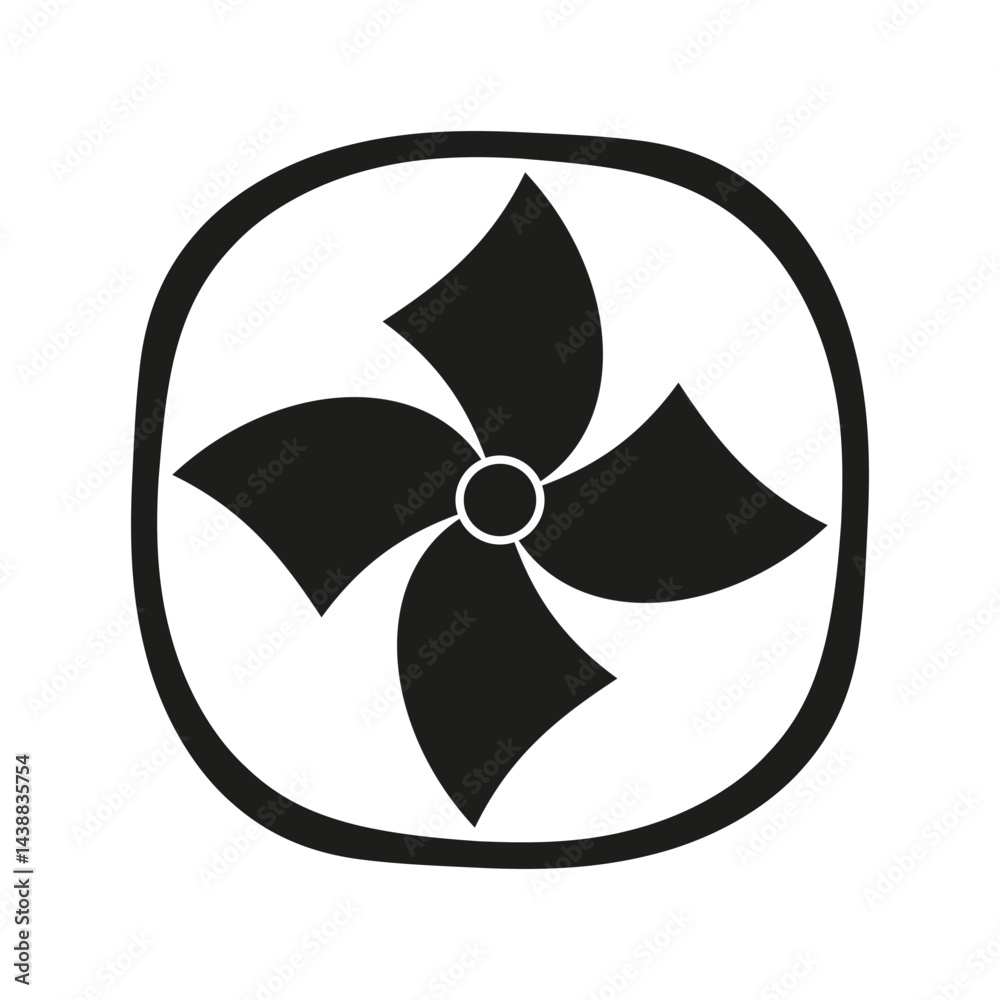 Fan icon. Airflow rotation shape. Propeller curved figure. Vector cooling element.