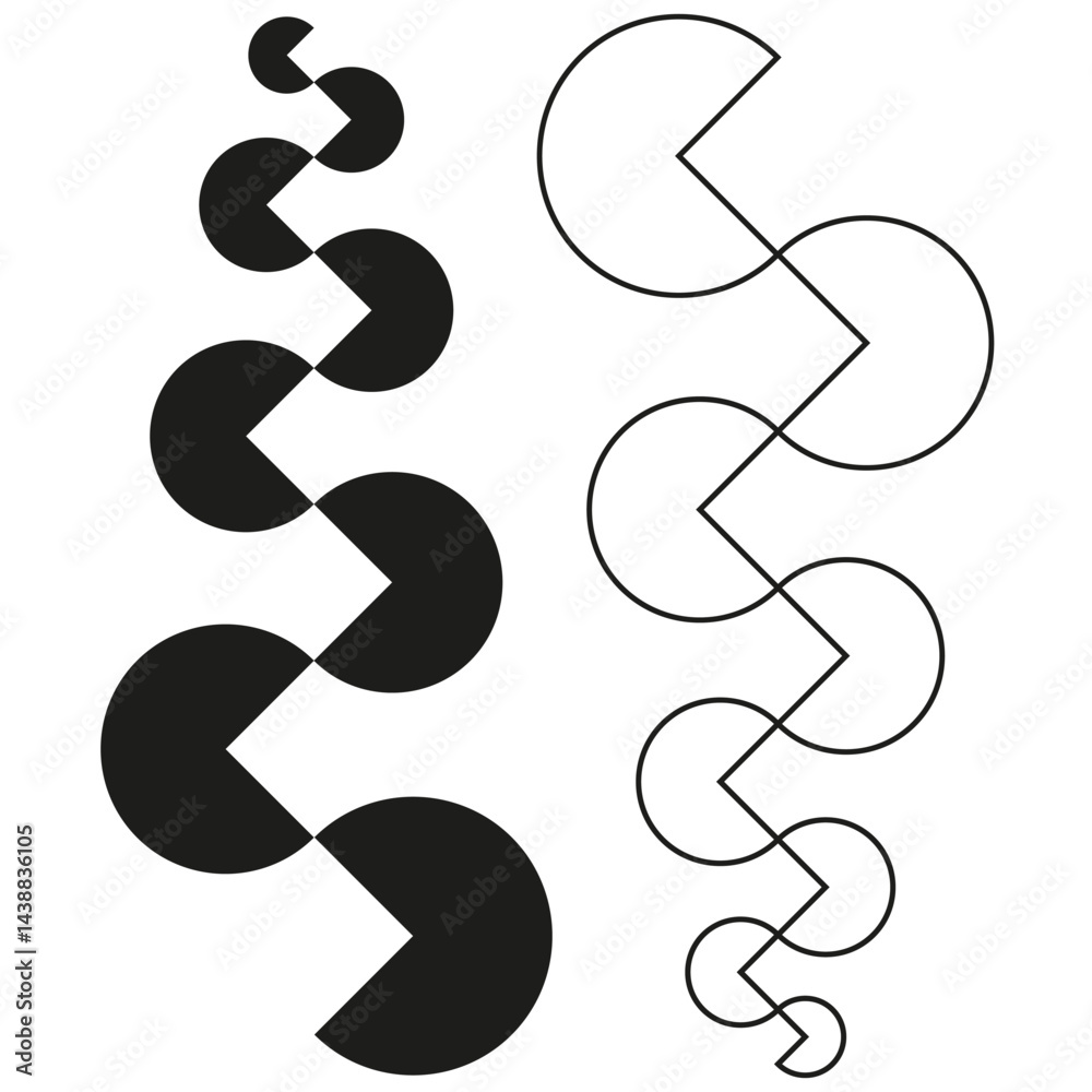 Zigzag semicircle path. Bold shape layout. Alternating vector element. Black and white contrast.