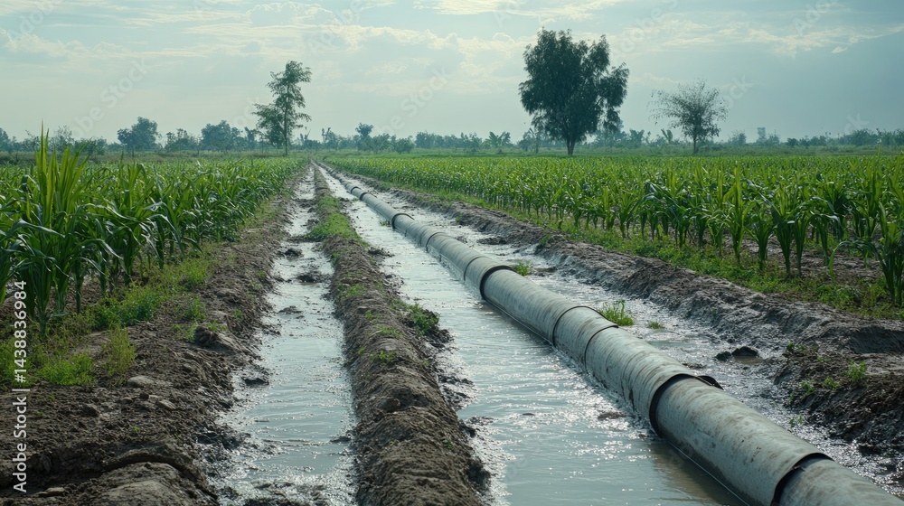 Obraz premium Water flowing from main pipe into sub pipes for crop irrigation in farmland