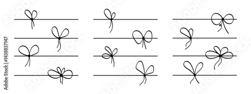 Lines with bows for gift packaging. Set of strips with coquette knots for present boxes isolated on white background. Doodle decorative elements for festive cards or banners. Vector illustration.