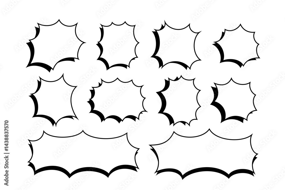 Set of empty speech bubbles in manga style. Cartoon dialogue frames. Empty text boxes, message balloons, emphasis, bang or explosion comic effects for anime book page. Vector graphic illustration.