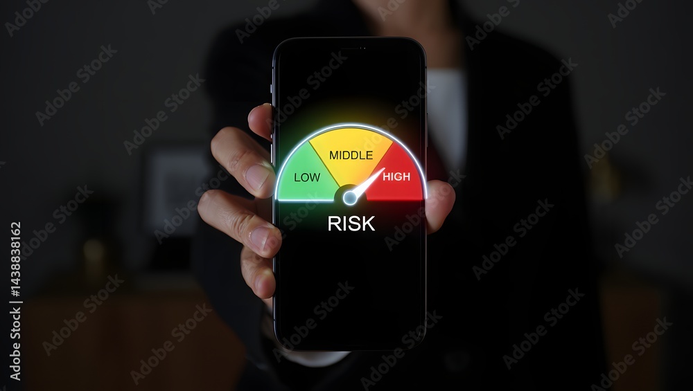 Fototapeta premium Businessman holding smartphone with risk level indicator rating since low to high for Risk management and assessment concept.