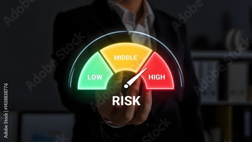 Businessman holding smartphone with risk level indicator rating since low to high for Risk management and assessment concept.