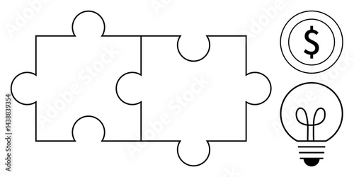 Two connected puzzle pieces alongside a coin with a dollar symbol and a lightbulb outline. Ideal for teamwork, problem-solving, innovation, strategy, partnership, financial planning, flat simple