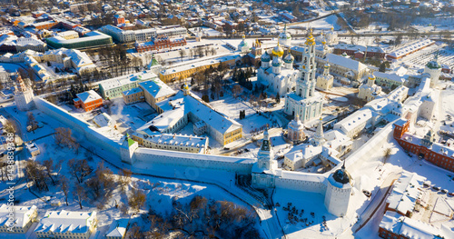 Top view of residential areas of Sergiev Posad city and Trinity-Sergius Lavra in winter, Russia...