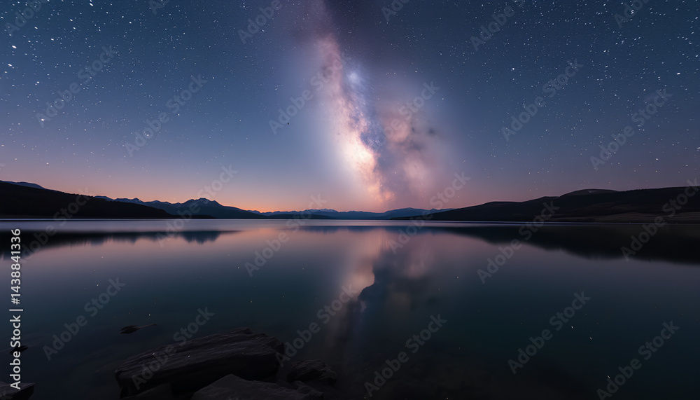 Crystal-clear lake reflecting a sky full of stars and a glowing galaxy overhead 2 Crystal-clear lake reflecting a sky full of stars and a glowing galaxy overhead 2