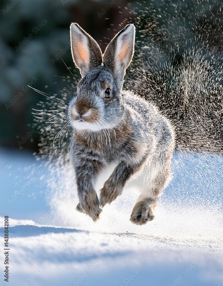 European rabbit shaking off snow while jumping in winter wonderland European rabbit shaking off snow while jumping in winter wonderland