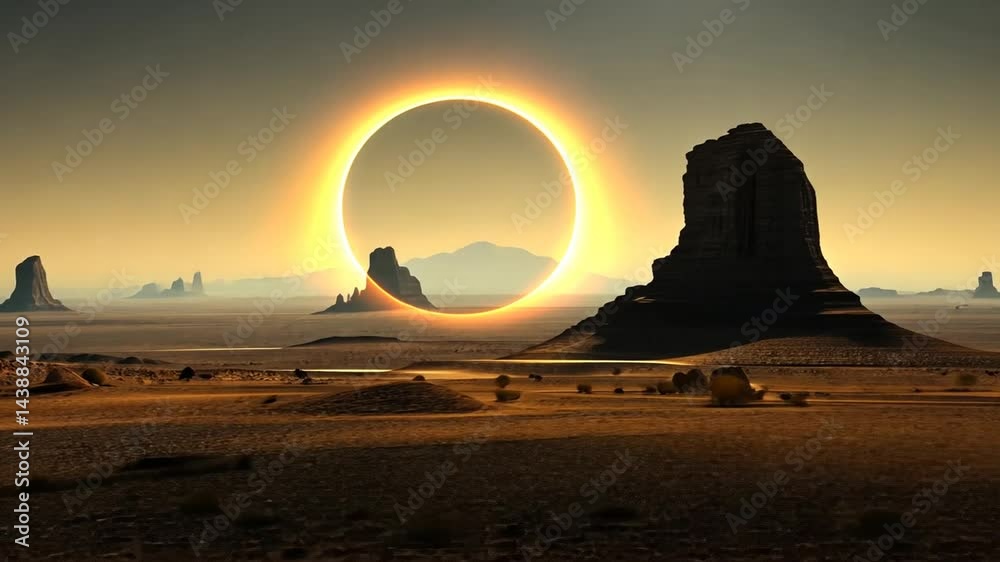 Magnificent total solar eclipse over monumental desert landscape view scenery