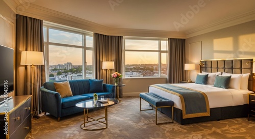 Lujosa habitación de hotel con vista panorámica al atardecer