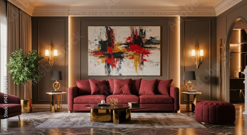 Sofá burdeos en salón elegante con arte abstracto y detalles dorados